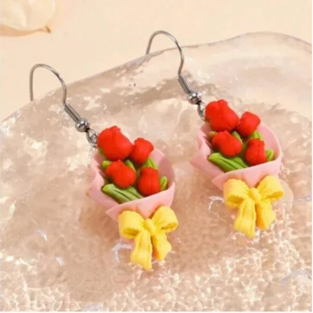 Free Flower Rose Floral Bouquet Boho Peasant Clay Like Chic Glam Earrings